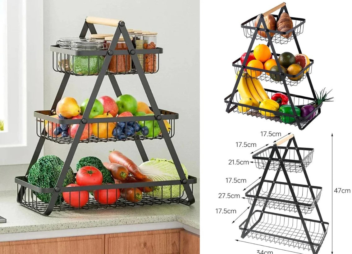 Black Iron 3 Tiers Fruit Basket with Wooden Handle