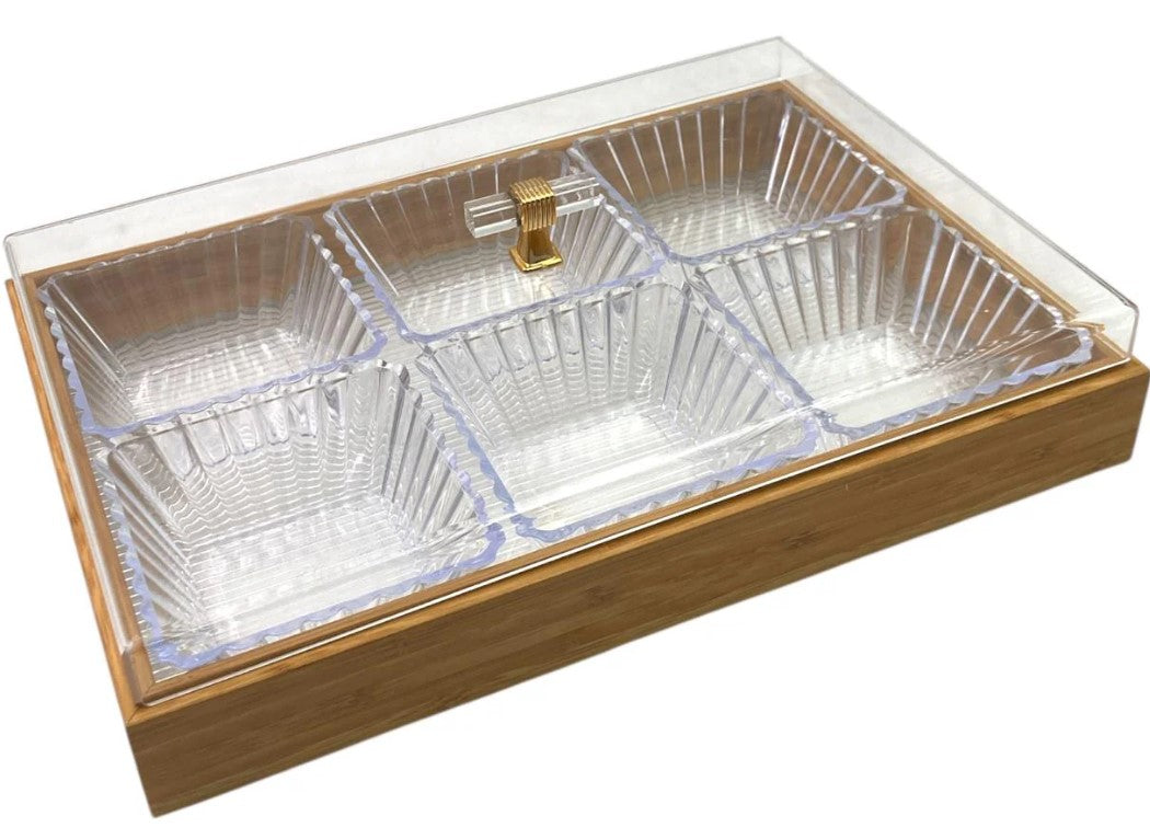 Bamboo Rectangular Condiment Tray with 6 Bowls and Cover