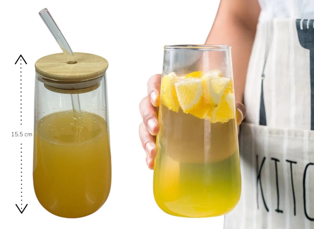 Long Smooth Clear Glass Drinking Cup with Bamboo Lid an