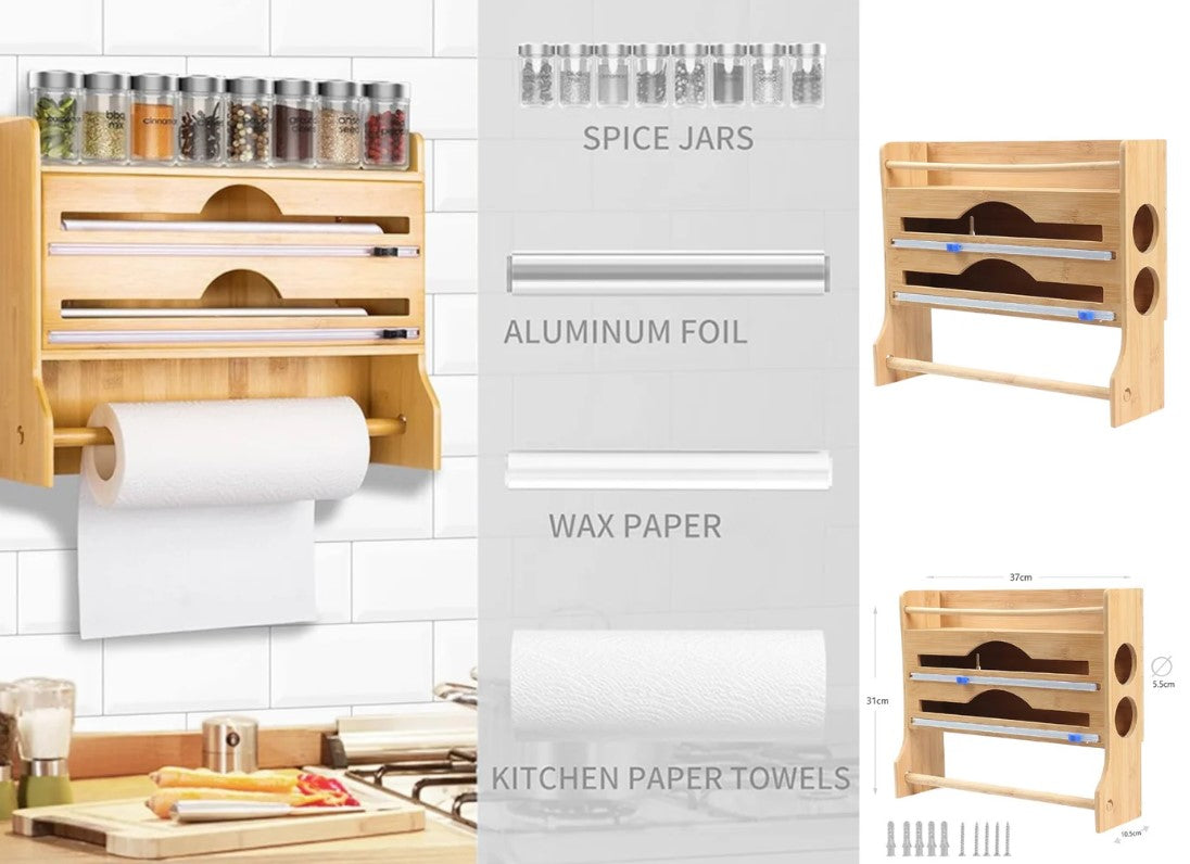 4-in-1 Bamboo Foil Cutter and Kitchen Roll Holder