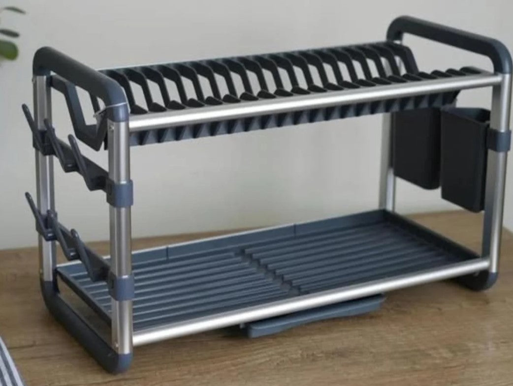 2 Tiers Aluminium Dish Rack with Removable Plastic Tray
