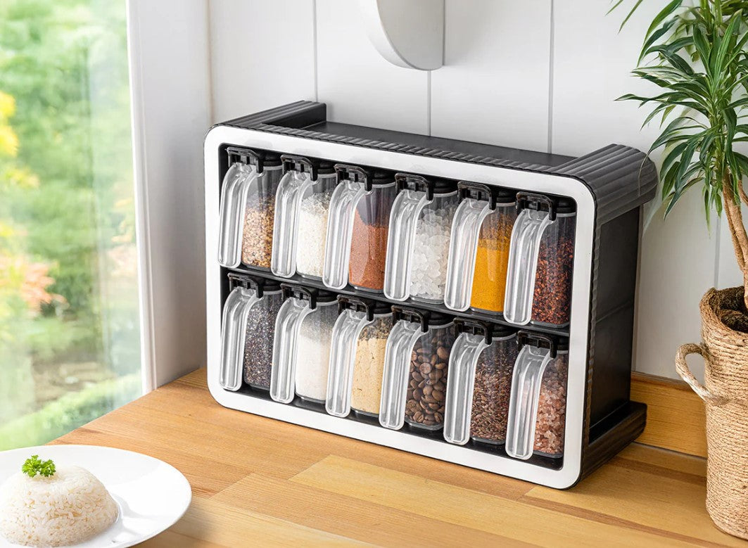Block Set of 12 spice boxes with spoons on stand