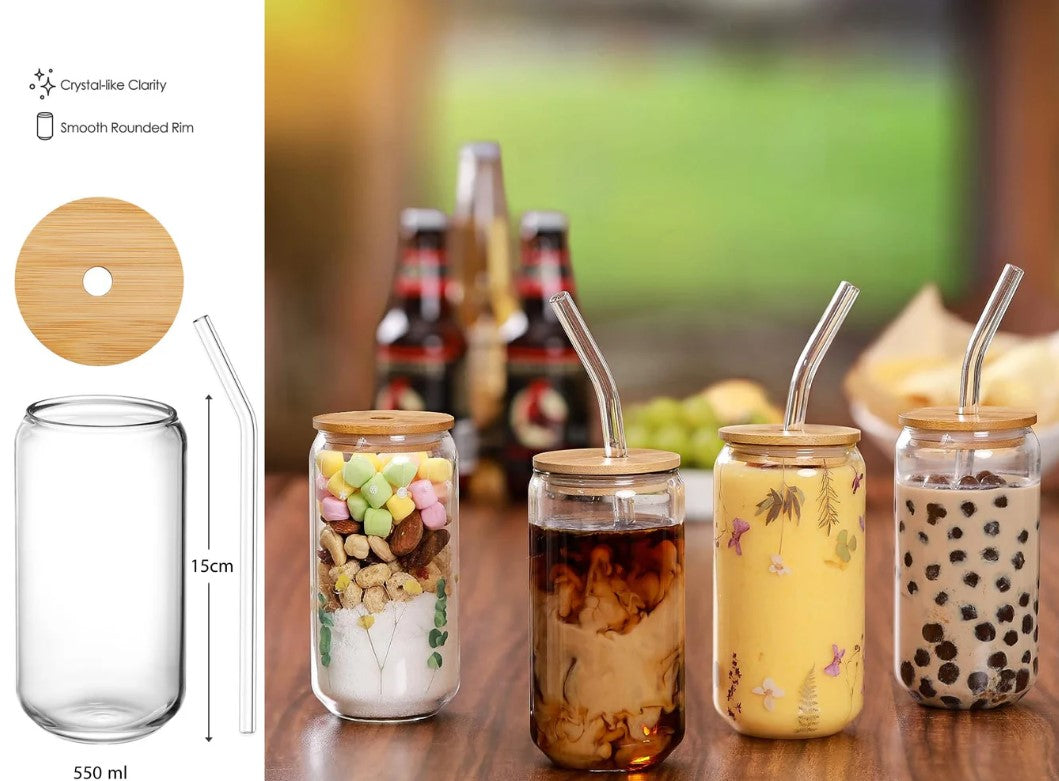 Round Smooth Clear Glass Drinking Cup with Bamboo Lid an