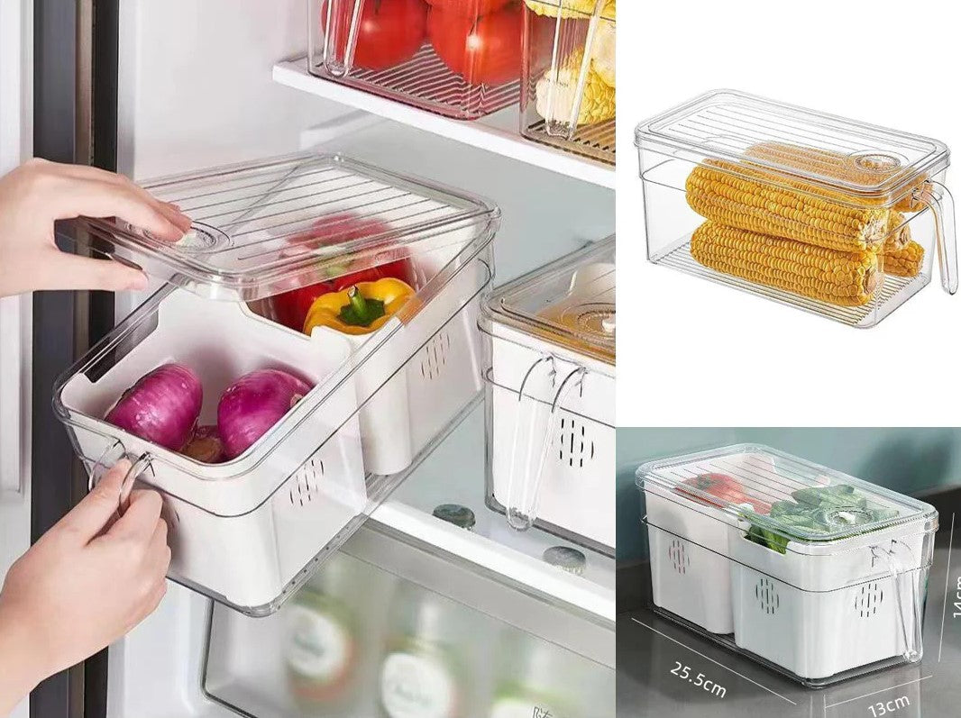 Fridge Storage Box w 2 Strainers & Cover & Handle