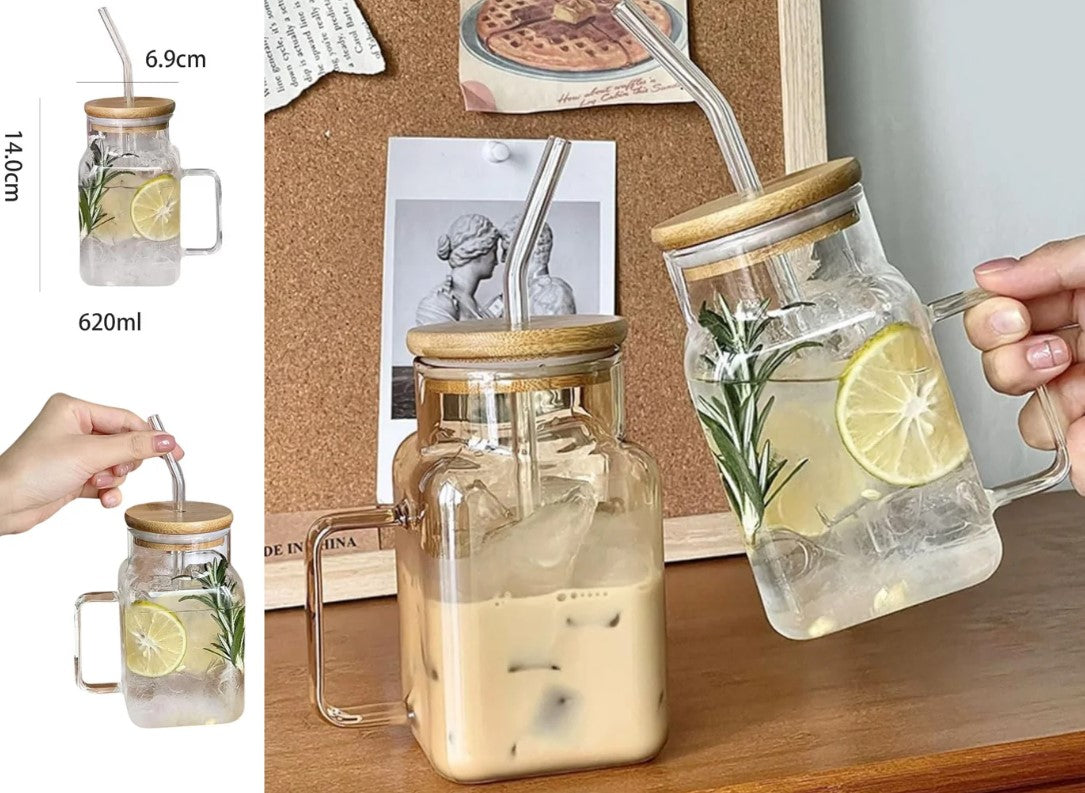 Large Square Clear Glass Drinking Mug with Bamboo Lid