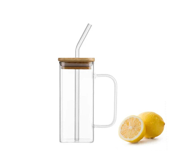 Square Smooth Clear Glass Drinking Mug with Bamboo Lid a