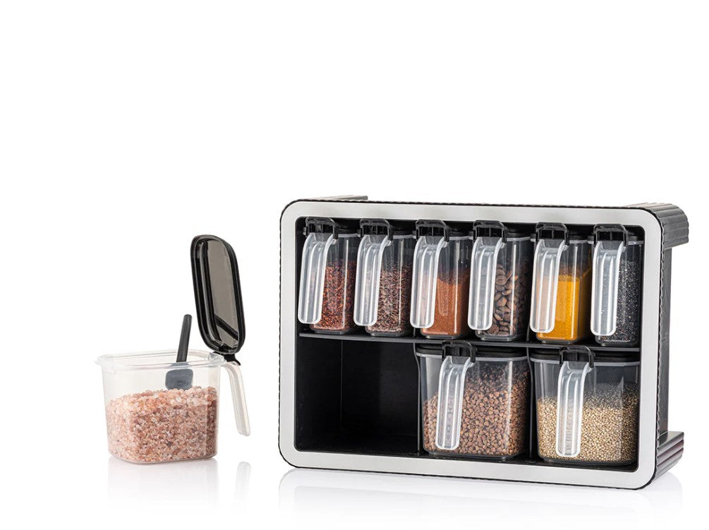 Block Set of 9 spice boxes with spoons on stand