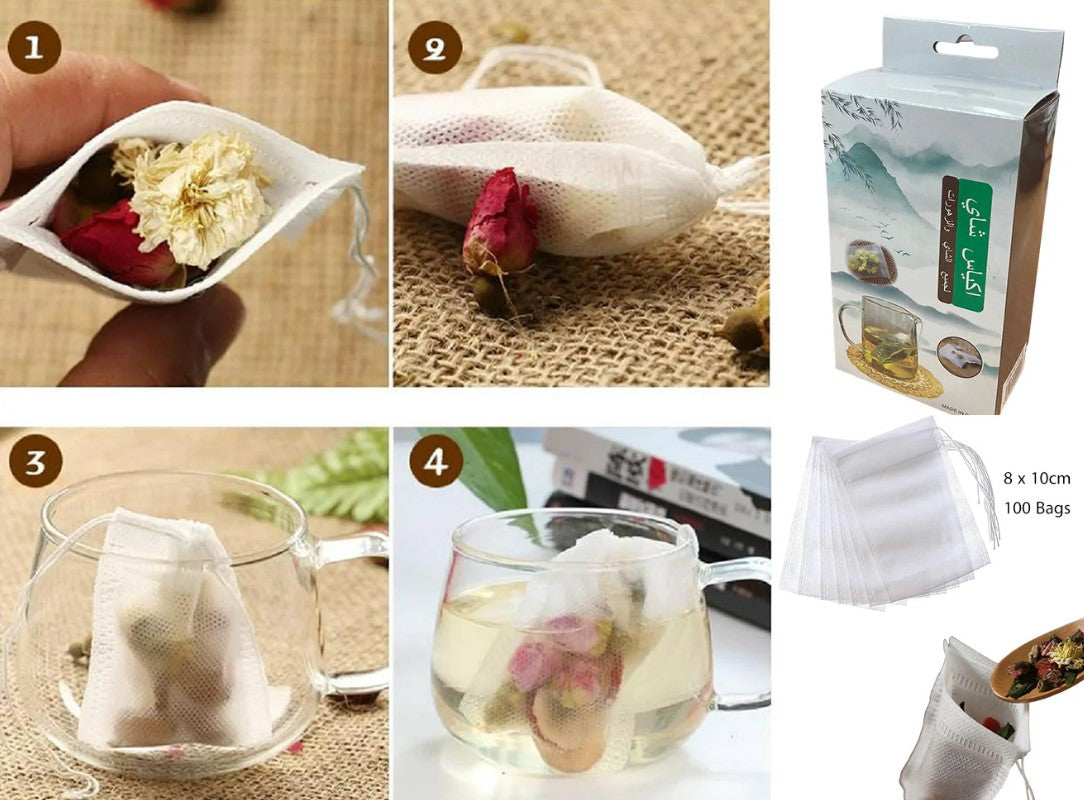 100 empty tea bags, food safe, heat resistant.