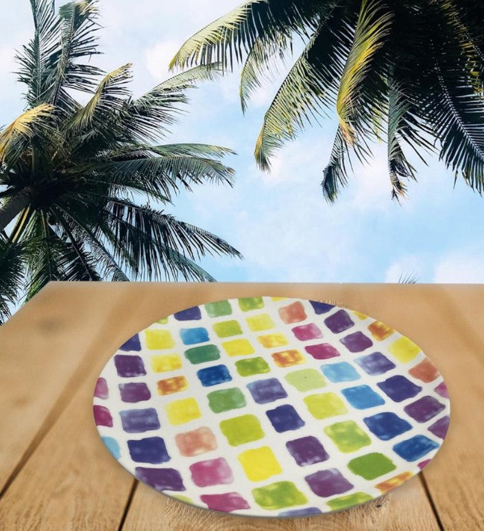 Colorful Squares Melamine Round Tray; 12"