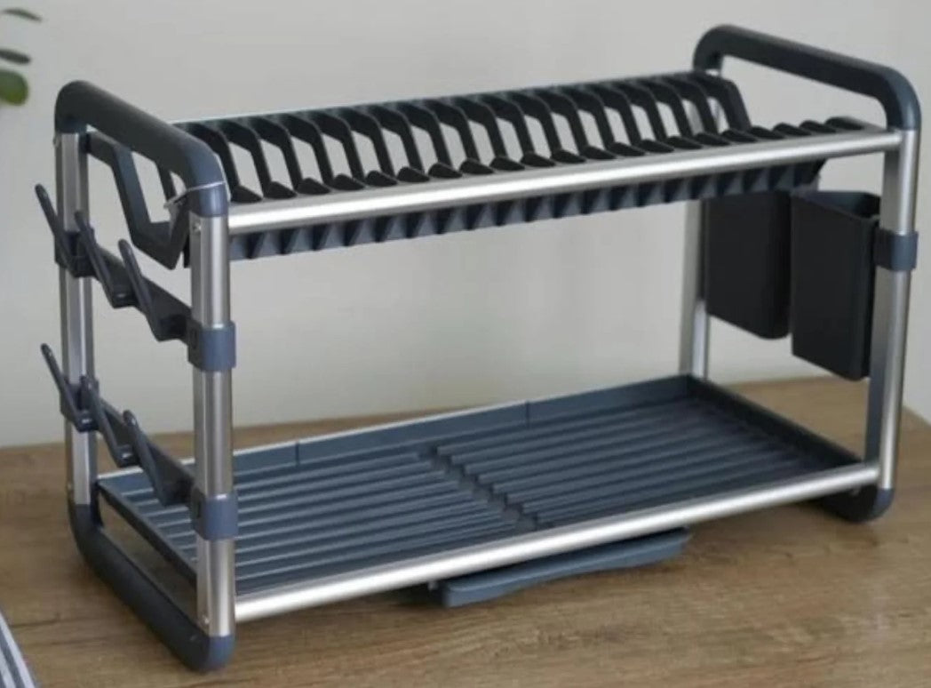 2 Tiers Aluminium Dish Rack with Removable Plastic Tray