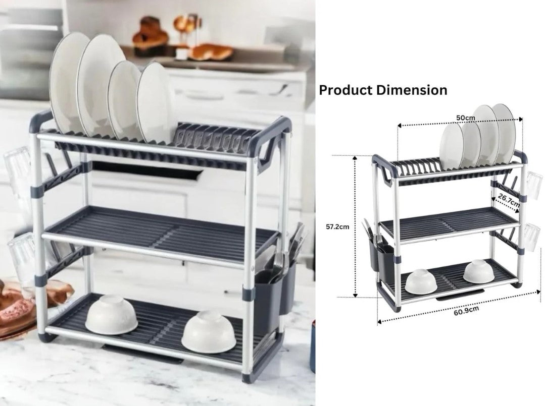3 Tiers Aluminium Dish Rack with Removable Plastic Tray