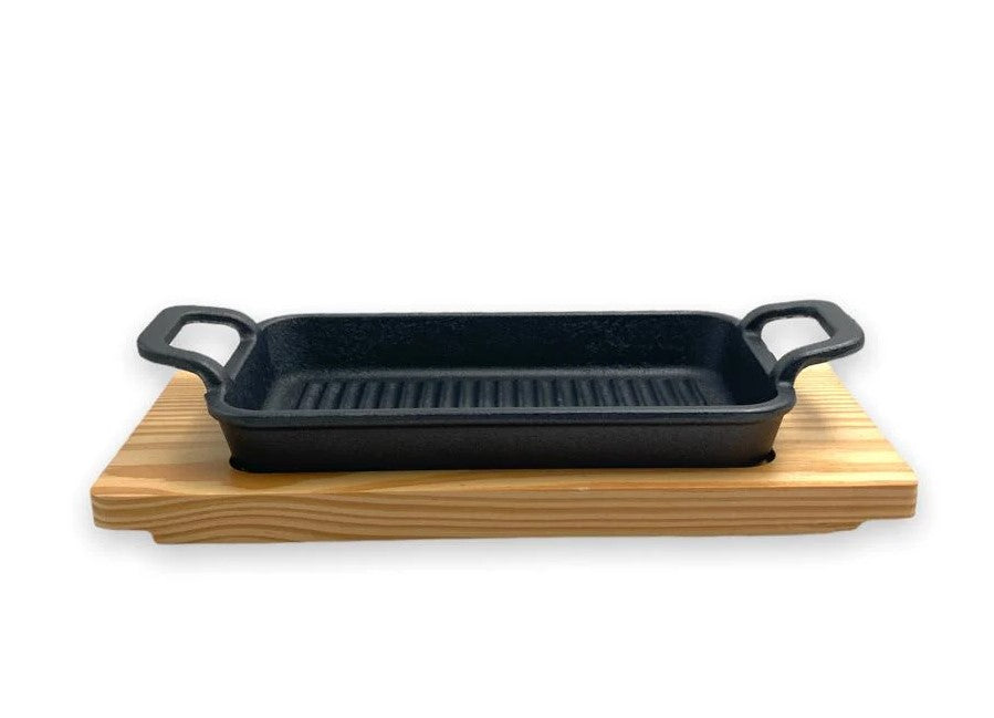 Rectangular Cast Iron Sizzling with wooden base 21 cm