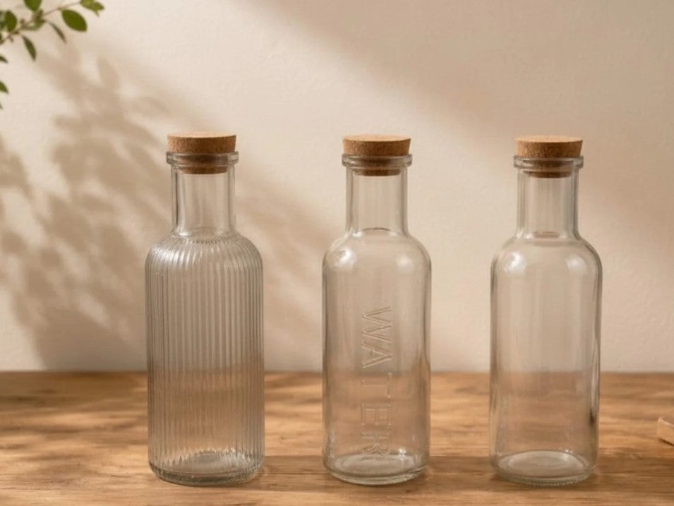 Glass Bottle w Cork Cover Embossed Designs