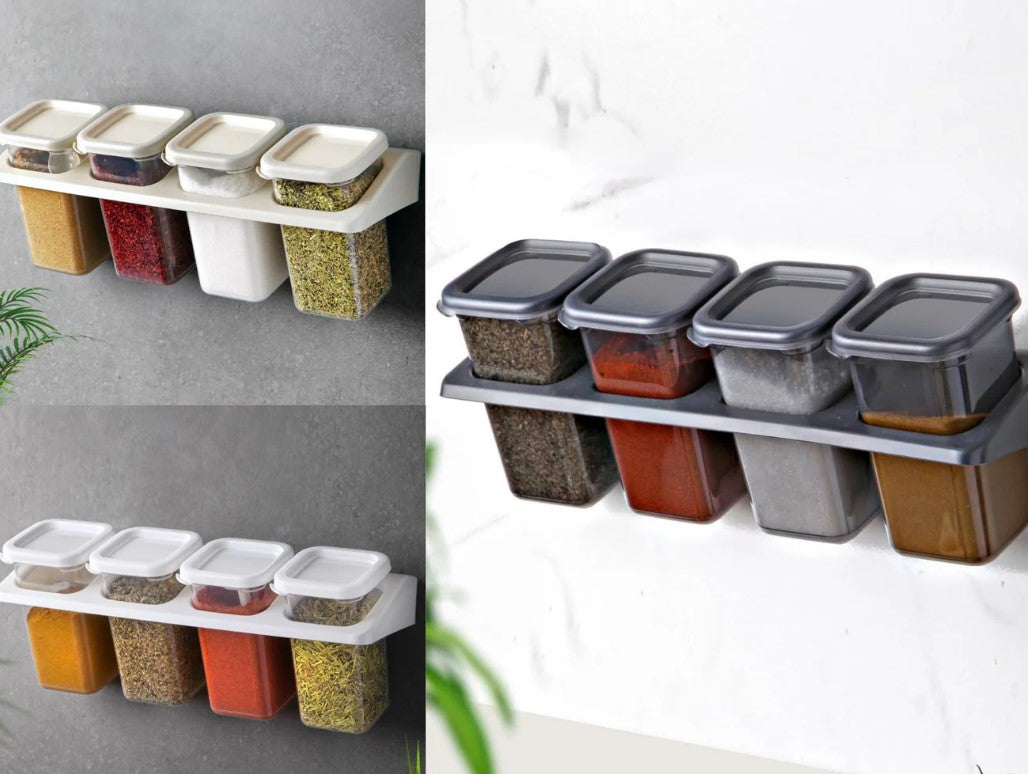 Wall mounted 4 Jars Spice Set with Adhesive Hooks