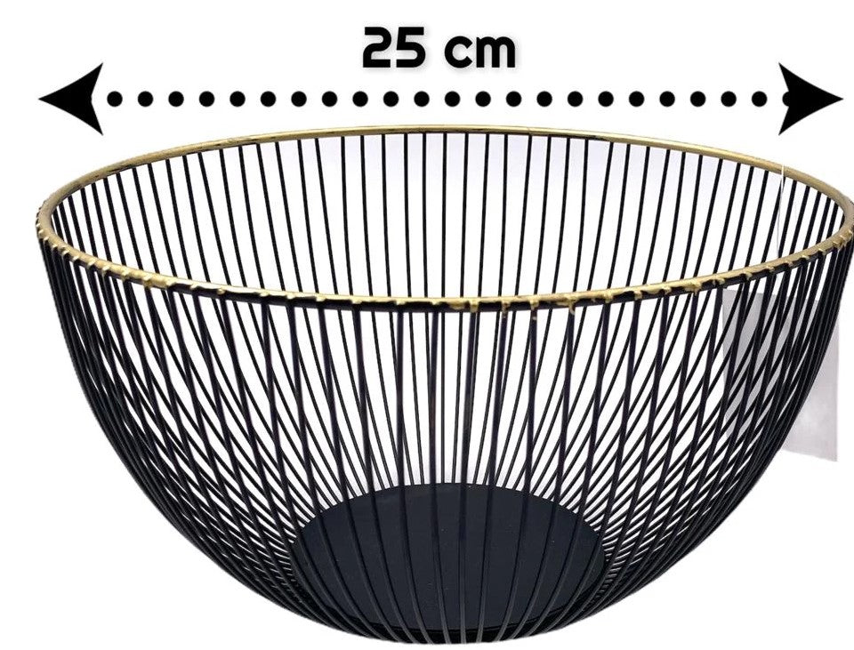 Tall Metal Fruit Basket Black Gold Rim