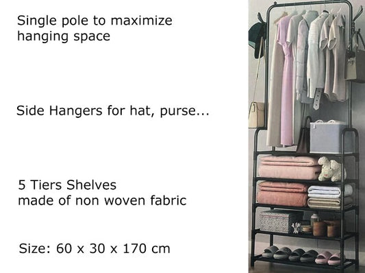 Single Pole Garment Rack with 5 Non woven Shelves (Black)