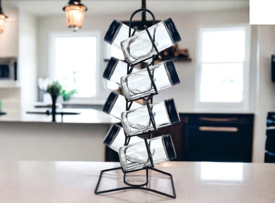 8 Pieces Glass Cruets Set with Metal Black Cover & Stand