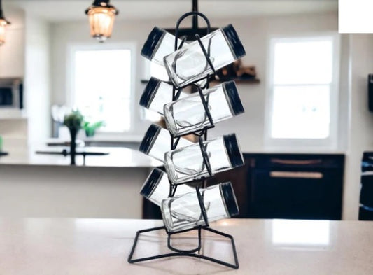 8 Pieces Glass Cruets Set with Metal Black Cover & Stand