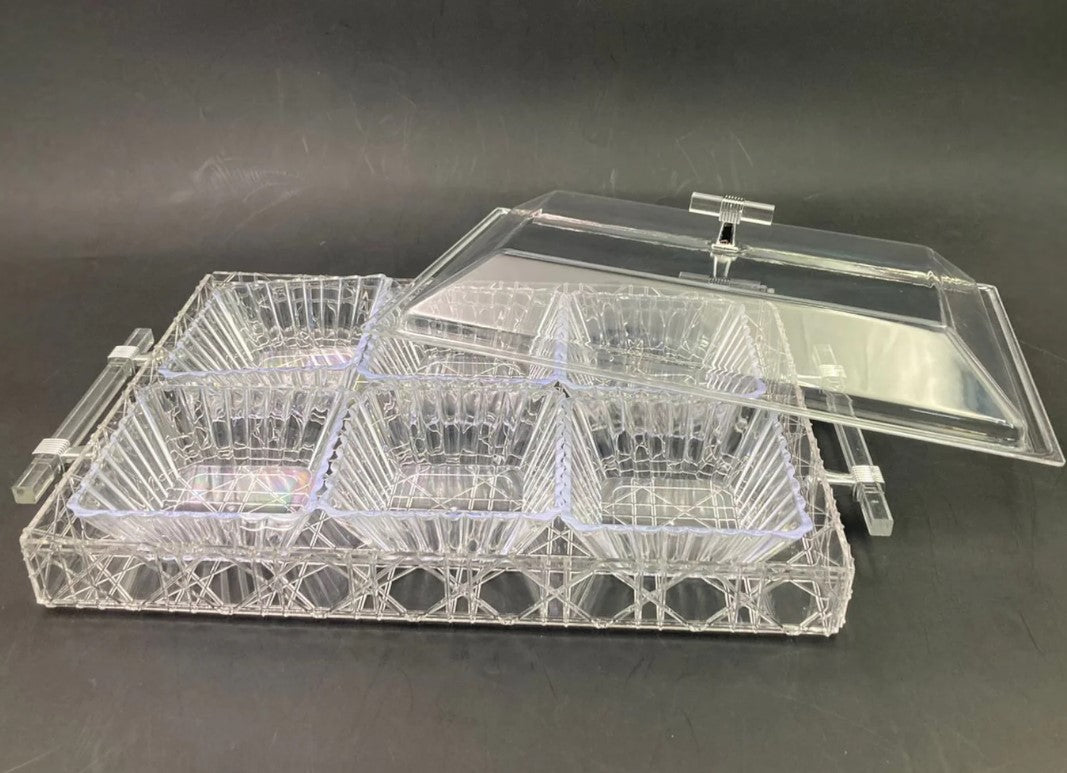 Acrylic Rectangular Condiment Tray with 6 Bowls and Cove