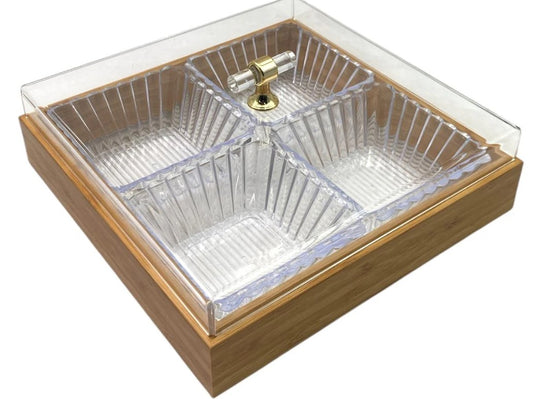 Bamboo Square Condiment Tray with 4 Bowls and Cover