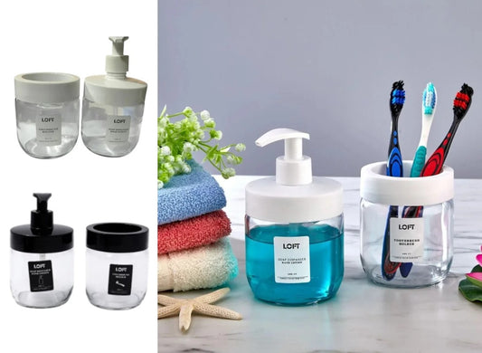 Glass Bathroom Soap Dispenser and Toothbrush Holder Set