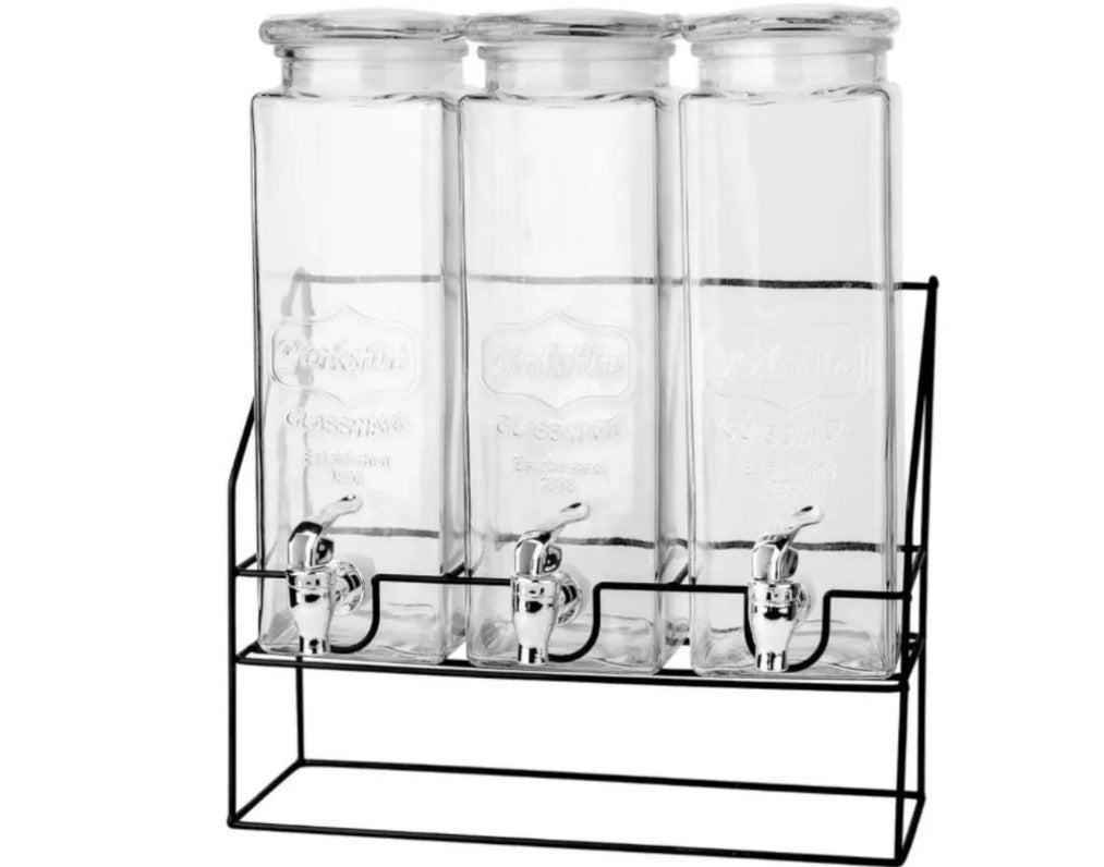 Glass beverage dispenser 3X2.2 L w tap & metallic Stand