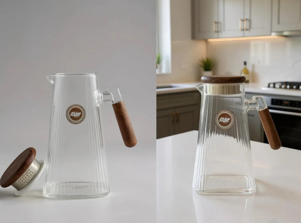 High Quality 2L Glass Pitcher w Wood Handle and Cover