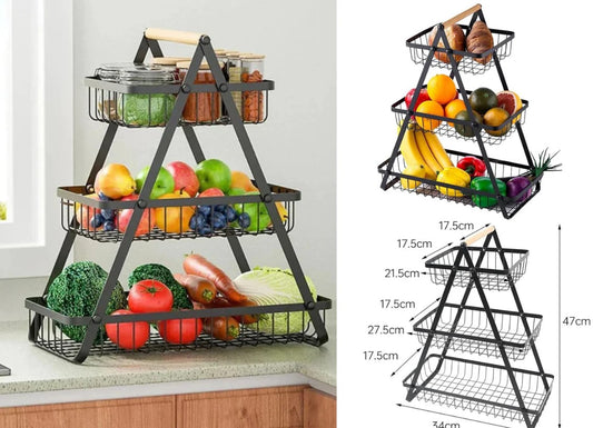 Black Iron 3 Tiers Fruit Basket with Wooden Handle