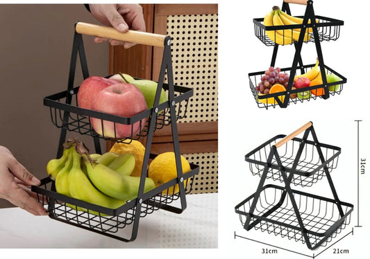 Black Iron 2 Tiers Fruit Basket with Wooden Handle