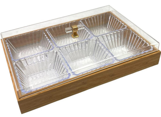 Bamboo Rectangular Condiment Tray with 6 Bowls and Cover