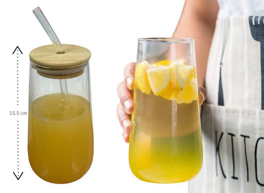 Long Smooth Clear Glass Drinking Cup with Bamboo Lid an