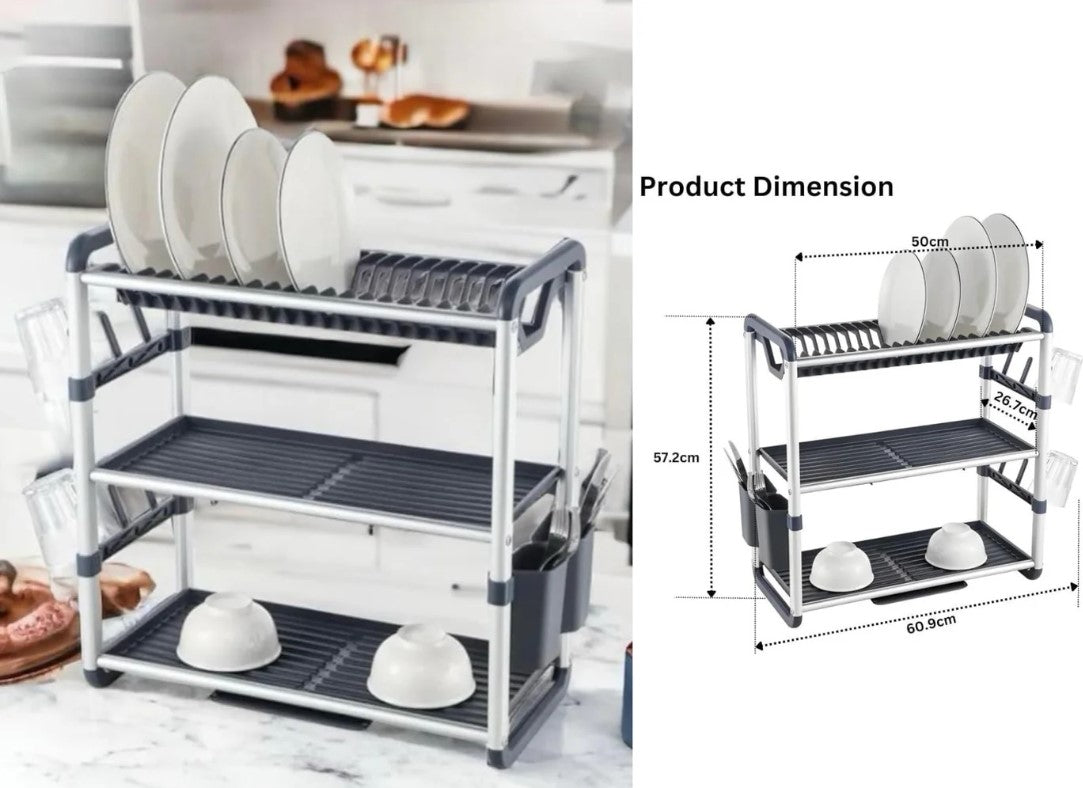 3 Tiers Aluminium Dish Rack with Removable Plastic Tray