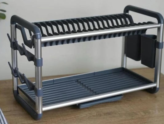 2 Tiers Aluminium Dish Rack with Removable Plastic Tray