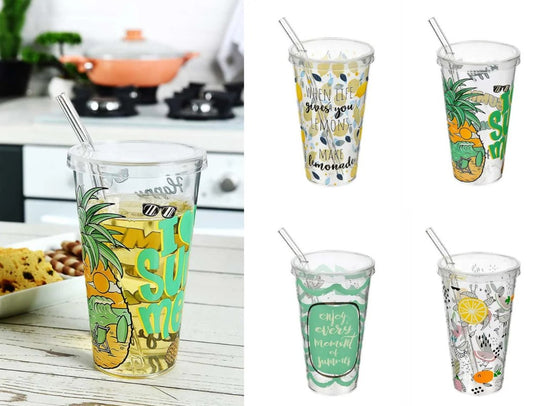 Summer Time Plastic Cup 600 ml with Glass Straw