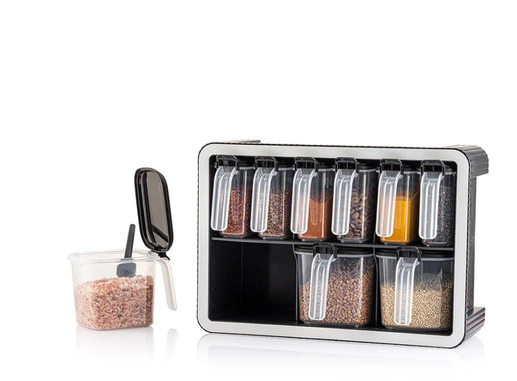 Block Set of 9 spice boxes with spoons on stand