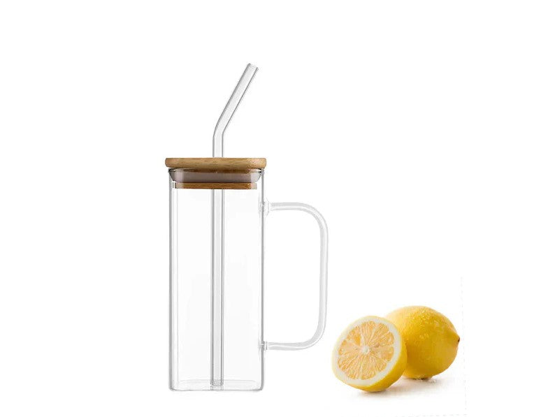 Square Smooth Clear Glass Drinking Mug with Bamboo Lid a