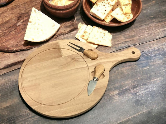 Wooden Round Cheese Board with Long Handle and 2 Knives
