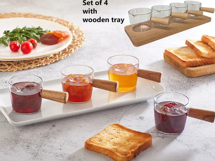 Set of Wooden Base & 4 Mini Acrylic Sauce Bowls Wood Han