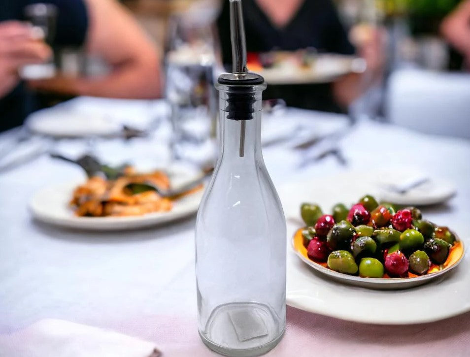 Glass Oil Bottle 300 ml with High Quality Metal Pourer