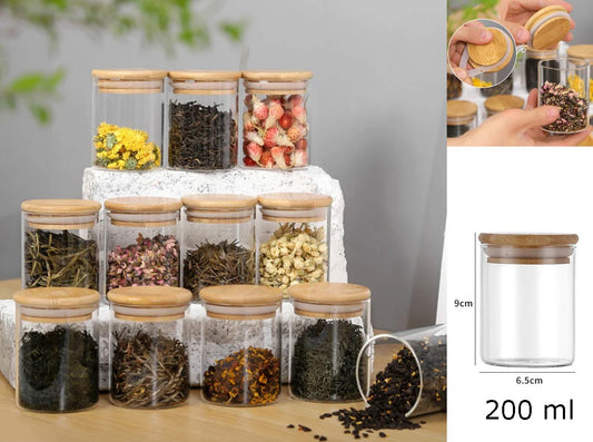 Borosilicate Glass Round Jar Wood Cover 200 ml
