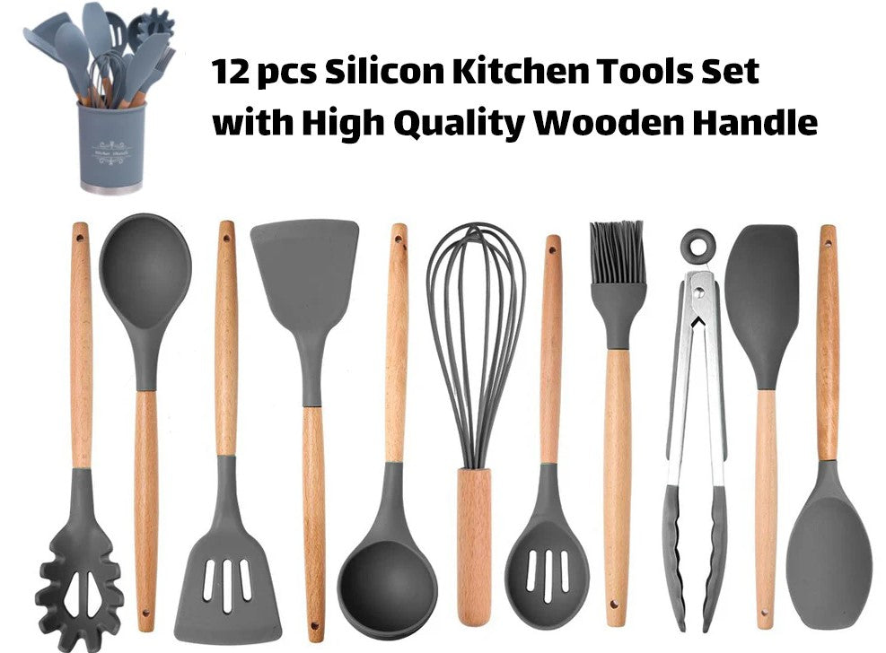 Silicon Kitchen Utensil Set with Wooden Handle 12 pcs