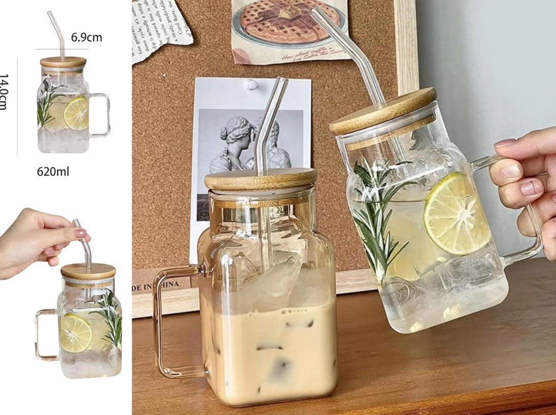 Large Square Clear Glass Drinking Mug with Bamboo Lid