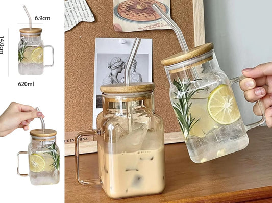 Large Square Clear Glass Drinking Mug with Bamboo Lid