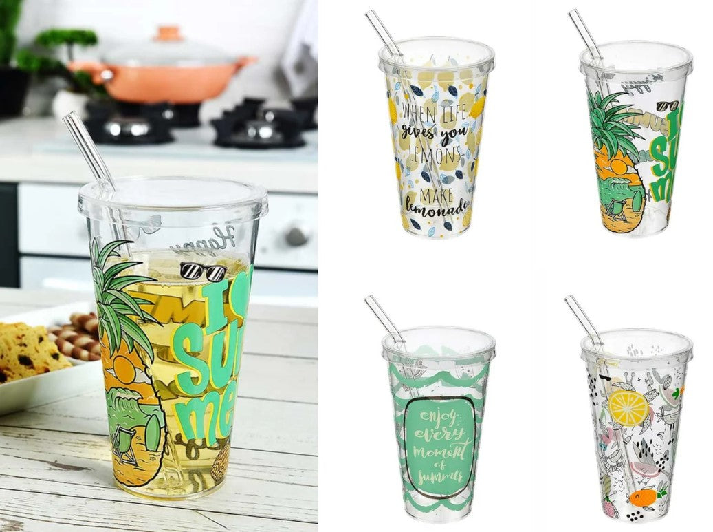 Summer Time Plastic Cup 600 ml with Glass Straw
