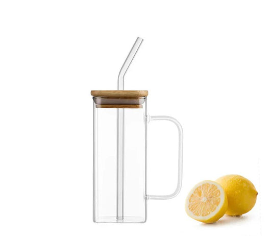 Square Smooth Clear Glass Drinking Mug with Bamboo Lid a