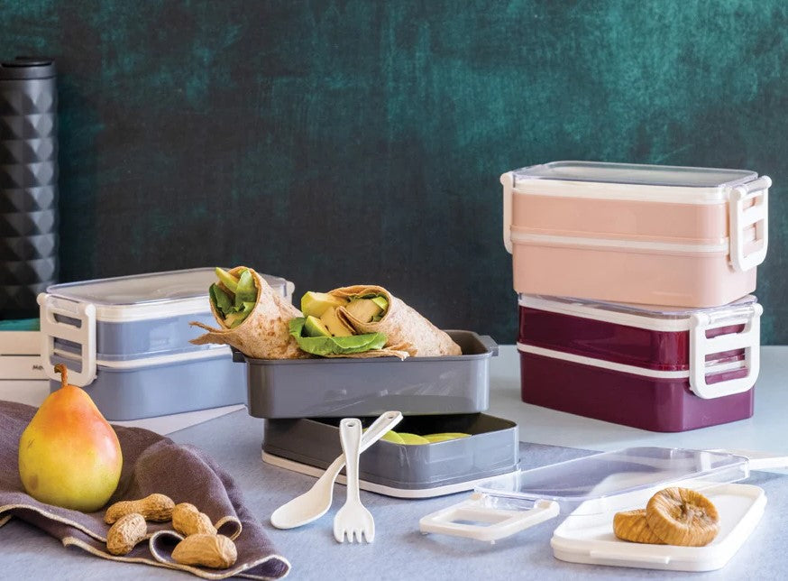 Aqua Lunch Box 2 seperate trays with cutlery