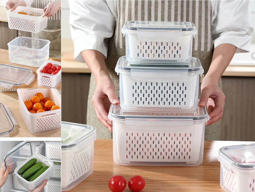 Set of 3 Rect Plastic Food Storage Boxes with Strainers