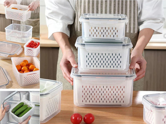 Set of 3 Rect Plastic Food Storage Boxes with Strainers