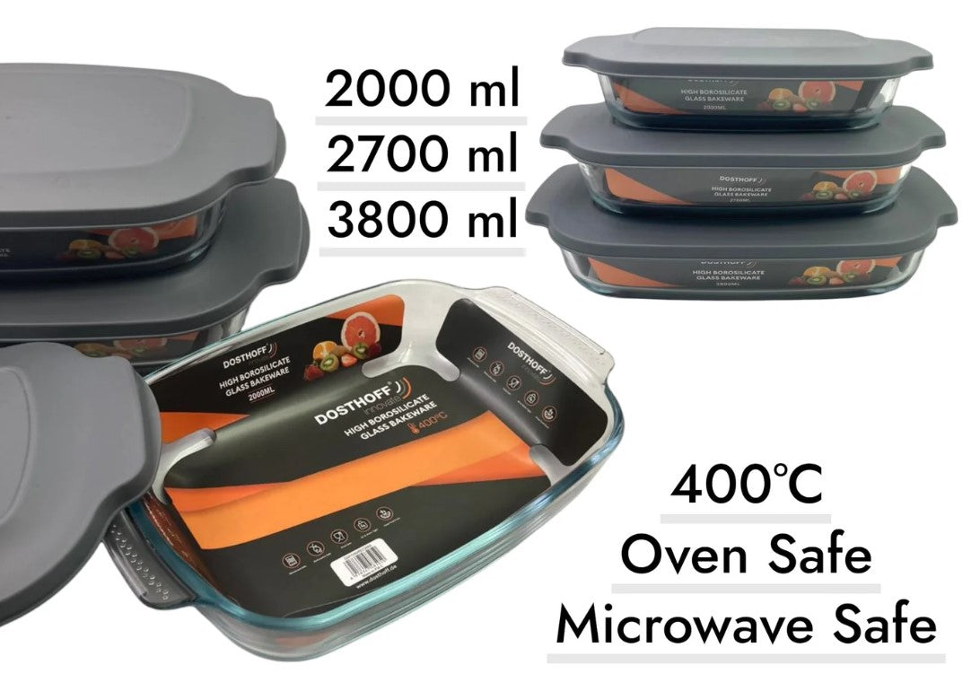 Dosthoff Set of 3 Glass Oven Safe Bakeware with PP Lids