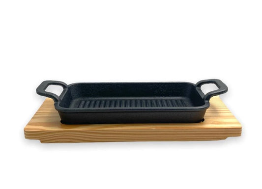 Rectangular Cast Iron Sizzling with wooden base 21 cm